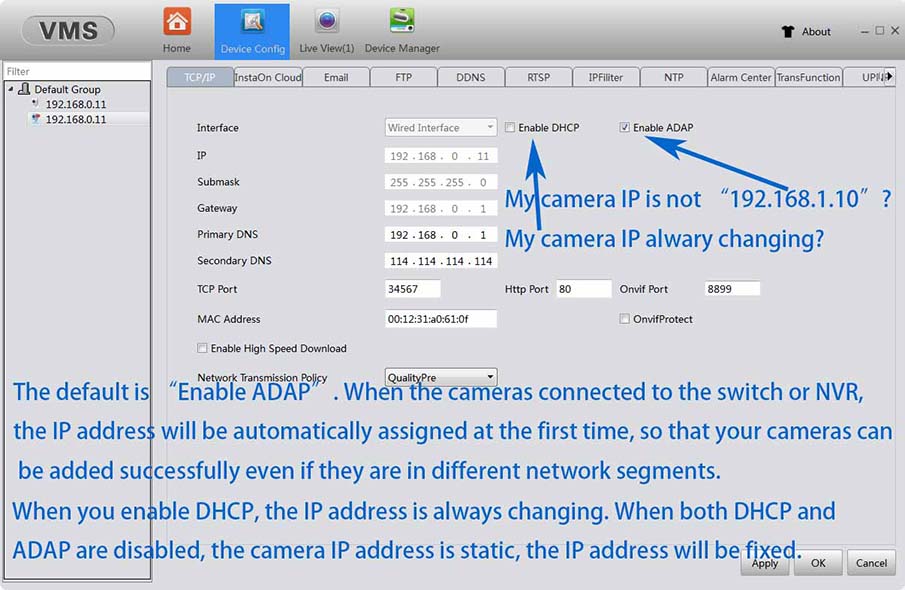 Static IP address by the VMS